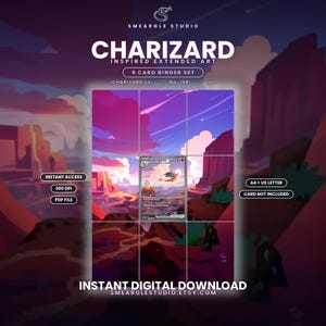 May include: A digital 9-card binder set featuring Charizard inspired extended art. The design displays a landscape with purple and orange hues, a central trading card, and text including Smeargle Studio, Charizard, No. 199, 151, Instant Access, 300 DPI, PDF File, A4 + US Letter, Card Not Included, and Instant Digital Download.
