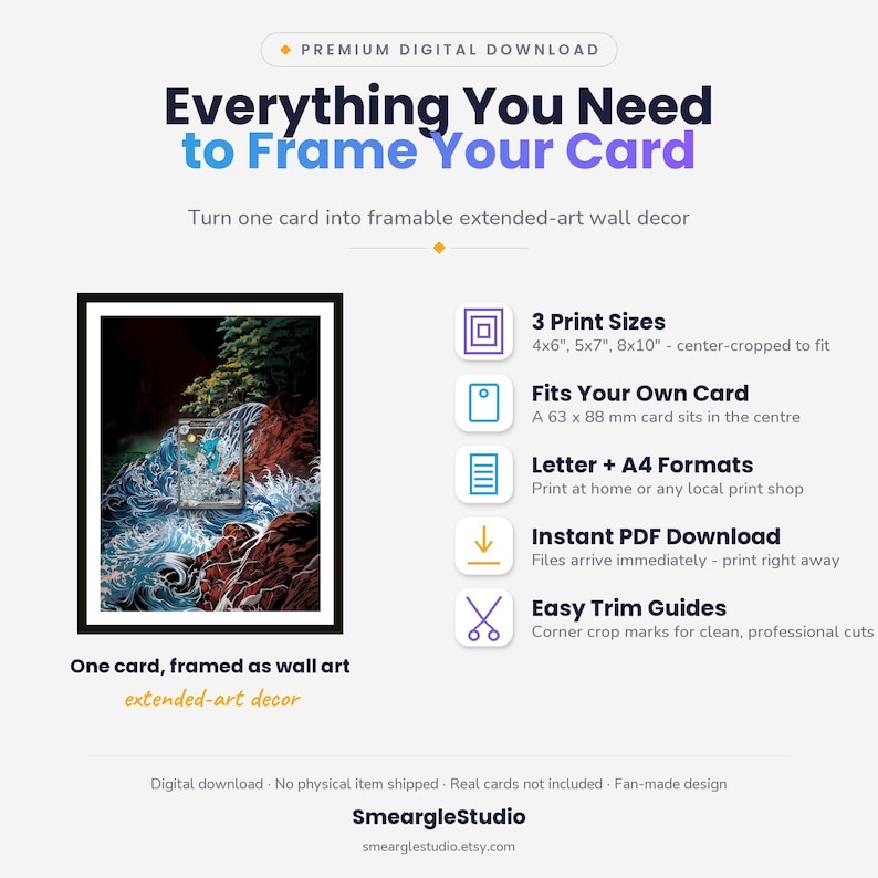 May include: A digital download guide titled Everything You Need to Frame Your Card. It features a framed card illustration with blue water and trees, alongside a list of features including 3 print sizes, 63 x 88 mm card fit, Letter and A4 formats, PDF download, and trim guides.
