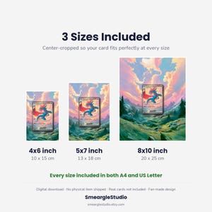 May include: A digital download product display showing 3 sizes included: 4x6 inch, 5x7 inch, and 8x10 inch. Each size features a Salamence trading card illustration set against a vibrant sunset sky and mountain landscape. Text includes 3 Sizes Included, A4 and US Letter, and SmeargleStudio.