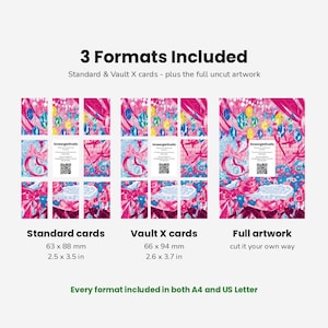 May include: A digital print sheet featuring three formats: standard cards at 2.5 x 3.5 inches, Vault X cards at 2.6 x 3.7 inches, and full uncut artwork. The design displays pink, blue, and yellow geometric patterns with text and QR codes.