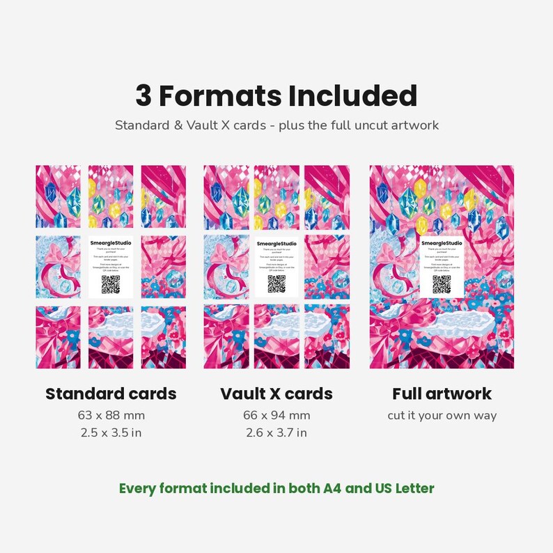 May include: A digital print sheet featuring three formats: standard cards at 2.5 x 3.5 inches, Vault X cards at 2.6 x 3.7 inches, and full uncut artwork. The design displays pink, blue, and yellow geometric patterns with text and QR codes.