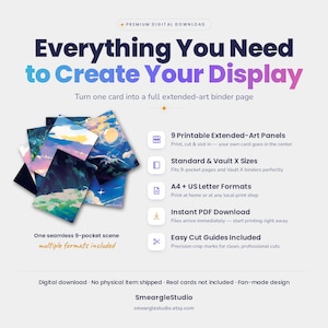 May include: A digital download product featuring 9 printable extended-art panels for binder pages. The graphic displays text: Everything You Need to Create Your Display, 9 Printable Extended-Art Panels, Standard & Vault X Sizes, A4 + US Letter Formats, Instant PDF Download, Easy Cut Guides Included, and One seamless 9-pocket scene.