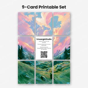 May include: A 9-card printable set featuring a landscape illustration divided into nine rectangular sections. The top row shows pink and blue clouds, the middle row shows mountains and trees, and the bottom row shows green grassy hills. A central card contains text and a QR code.