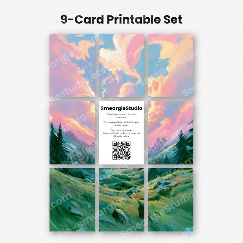 May include: A 9-card printable set featuring a landscape illustration divided into nine rectangular sections. The top row shows pink and blue clouds, the middle row shows mountains and trees, and the bottom row shows green grassy hills. A central card contains text and a QR code.