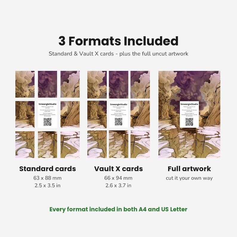 May include: A digital product display showing 3 Formats Included: Standard cards at 2.5 x 3.5 inches, Vault X cards at 2.6 x 3.7 inches, and Full artwork. Each section features a purple and tan landscape illustration with a SmeargleStudio QR code.