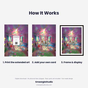 May include: A three-step instructional graphic titled How It Works showing a digital art print process. Step one shows a print with a QR code, step two shows a card placed on the art, and step three shows the art in a black frame. Text includes SmeargleStudio.