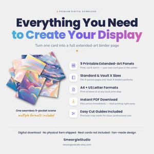 May include: A digital download product featuring 9 printable extended-art panels for binder pages. The graphic displays colorful, abstract cloud-like artwork, text including Everything You Need to Create Your Display, and lists features like A4 and US Letter formats.