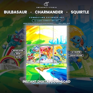 May include: A digital download set of three connecting extended art cards featuring Bulbasaur, Charmander, and Squirtle. The artwork displays vibrant landscapes with the characters, cityscapes, and text including Mega Evolution Black Star Promos #37 #38 #39.