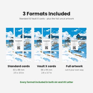 May include: A digital art print set featuring a snowy landscape with a blue house under a bright sky. Includes three formats: standard cards at 2.5 x 3.5 inches, Vault X cards at 2.6 x 3.7 inches, and full artwork. Text includes 3 Formats Included.