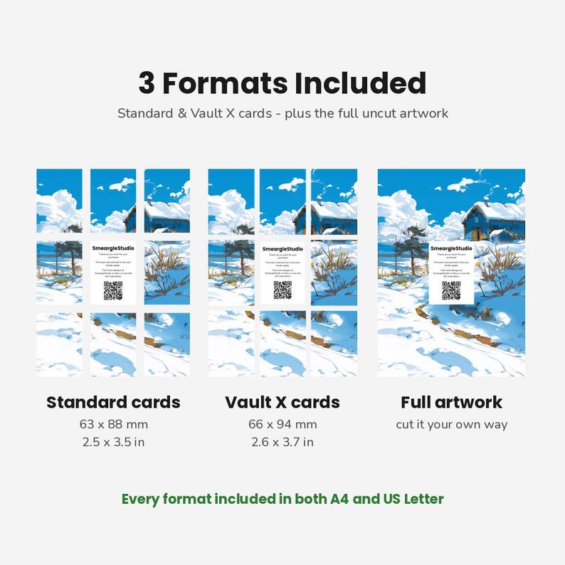May include: A digital art print set featuring a snowy landscape with a blue house under a bright sky. Includes three formats: standard cards at 2.5 x 3.5 inches, Vault X cards at 2.6 x 3.7 inches, and full artwork. Text includes 3 Formats Included.