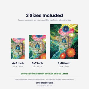 May include: Three digital art prints in 4x6 inch, 5x7 inch, and 8x10 inch sizes, featuring a blue creature in a vibrant, colorful forest landscape. Text includes 3 Sizes Included, 4x6 inch, 5x7 inch, 8x10 inch, Every size included in both A4 and US Letter, and SmeargleStudio.
