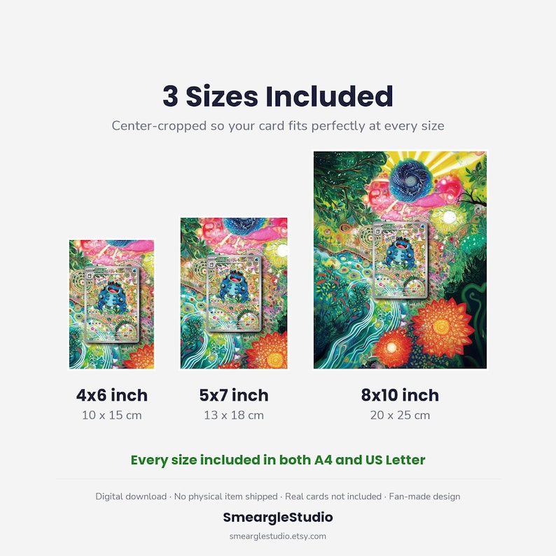 May include: Three digital art prints in 4x6 inch, 5x7 inch, and 8x10 inch sizes, featuring a blue creature in a vibrant, colorful forest landscape. Text includes 3 Sizes Included, 4x6 inch, 5x7 inch, 8x10 inch, Every size included in both A4 and US Letter, and SmeargleStudio.