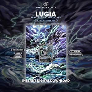 May include: A digital 9-card binder set featuring Lugia inspired extended art. The design displays a stormy ocean scene with lightning and a central Lugia V card. Text includes SMEARGLE STUDIO, LUGIA, INSTANT ACCESS, 300 DPI, PDF FILE, A4 + US LETTER, and CARD NOT INCLUDED.
