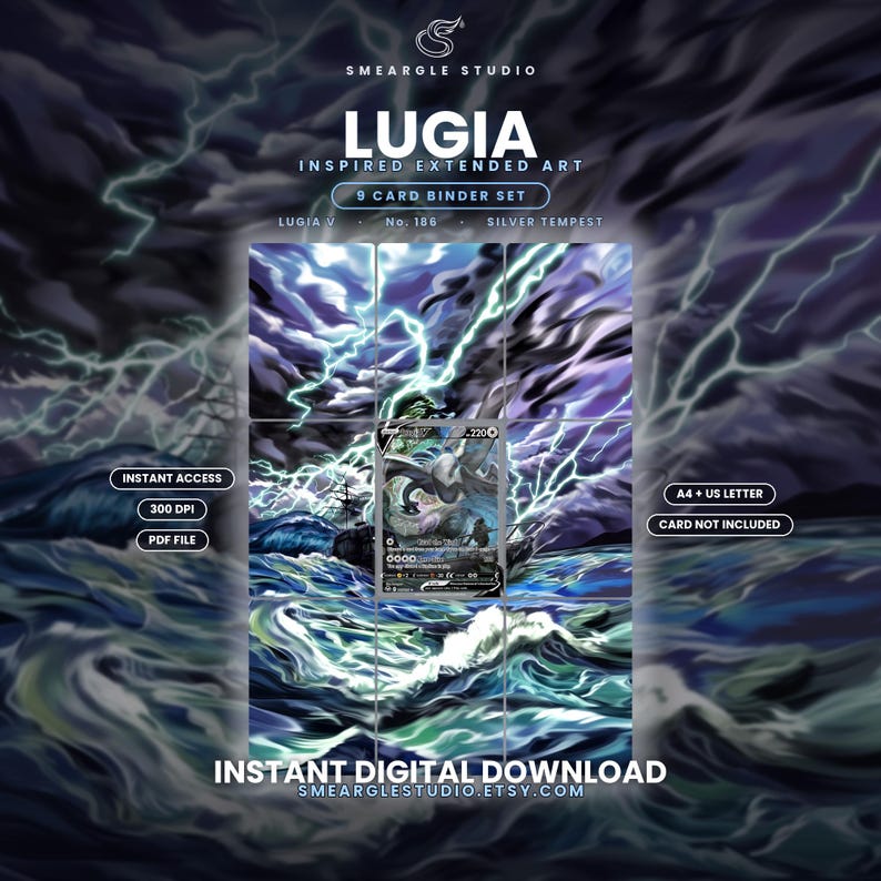 May include: A digital 9-card binder set featuring Lugia inspired extended art. The design displays a stormy ocean scene with lightning and a central Lugia V card. Text includes SMEARGLE STUDIO, LUGIA, INSTANT ACCESS, 300 DPI, PDF FILE, A4 + US LETTER, and CARD NOT INCLUDED.