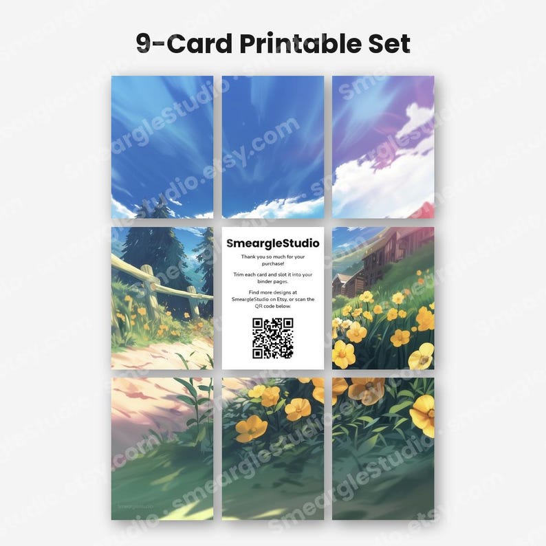 May include: A 9-card printable set featuring illustrated scenes of blue skies, green hills, wooden fences, and yellow flowers. One central card displays the text SmeargleStudio, thank you notes, and a QR code for scanning and finding more designs.