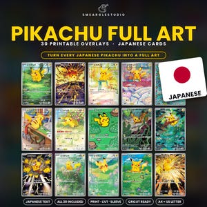 Może przedstawiać: Cyfrowa kolekcja 30 nakładek do druku Pikachu full art dla japońskich kart. Grafika zawiera różne ilustracje Pikachu, tekst PIKACHU FULL ART oraz etykiety takie jak JAPANESE TEXT, ALL 30 INCLUDED i CRICUT READY.