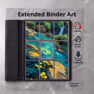 Può includere: Un raccoglitore nero con arte estesa su nove tasche trasparenti, che mostra un'illustrazione paesaggistica di un ruscello, rocce e una cascata. Il testo recita Extended Binder Art, PDF File, Instant Access, Digital Download e Card Not Included.
