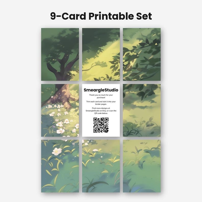 May include: A 9-card printable set featuring a continuous forest scene with green trees, foliage, and white flowers. The center card displays the text SmeargleStudio, instructions for trimming, and a QR code. The overall color palette is green.