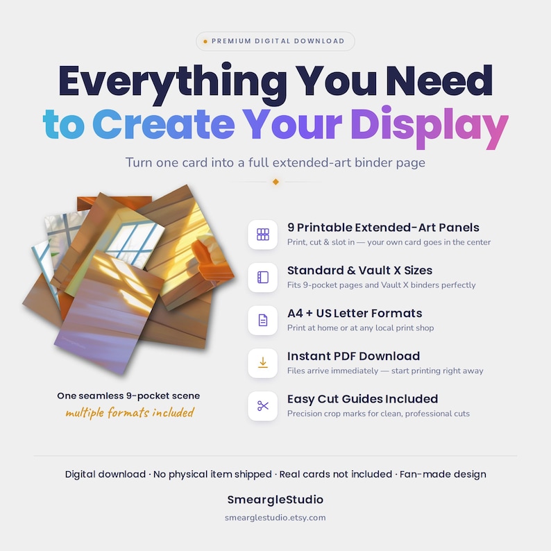 May include: A digital download product featuring 9 printable extended-art panels to create a seamless 9-pocket binder page scene. Includes text: Everything You Need to Create Your Display, 9 Printable Extended-Art Panels, Standard & Vault X Sizes, A4 + US Letter Formats, Instant PDF Download, Easy Cut Guides Included, One seamless 9-pocket scene, SmeargleStudio.