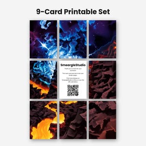 Puede incluir: Un conjunto de 9 tarjetas imprimibles con temas c&oacute;smicos y volc&aacute;nicos. Ocho tarjetas muestran paisajes abstractos de espacio, nebulosas y lava en azul, morado y naranja. La tarjeta central contiene el texto SmeargleStudio y un c&oacute;digo QR.
