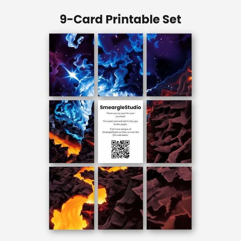 Puede incluir: Un conjunto de 9 tarjetas imprimibles con temas c&oacute;smicos y volc&aacute;nicos. Ocho tarjetas muestran paisajes abstractos de espacio, nebulosas y lava en azul, morado y naranja. La tarjeta central contiene el texto SmeargleStudio y un c&oacute;digo QR.