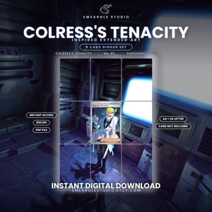 May include: A digital 9-card binder set featuring Colress's Tenacity inspired extended art. The graphic includes the text Colress's Tenacity, No. 87, Shrouded Fable, Instant Access, 300 DPI, PDF File, A4 + US Letter, Card Not Included, and Instant Digital Download.