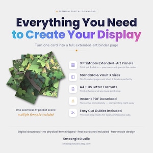 May include: A digital download product featuring 9 printable extended-art panels for a 9-pocket binder page. The design displays a seamless green vineyard scene. Text includes Everything You Need to Create Your Display, 9 Printable Extended-Art Panels, Standard & Vault X Sizes, A4 + US Letter Formats, Instant PDF Download, and Easy Cut Guides Included.