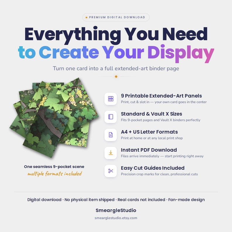 May include: A digital download product featuring 9 printable extended-art panels for a 9-pocket binder page. The design displays a seamless green vineyard scene. Text includes Everything You Need to Create Your Display, 9 Printable Extended-Art Panels, Standard & Vault X Sizes, A4 + US Letter Formats, Instant PDF Download, and Easy Cut Guides Included.
