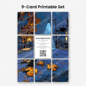 Puede incluir: Un conjunto de 9 tarjetas imprimibles que muestra una escena nocturna de barrio con hojas de oto&ntilde;o naranjas en una calle azul. La tarjeta central es blanca con texto negro SmeargleStudio, notas de agradecimiento y un c&oacute;digo QR.