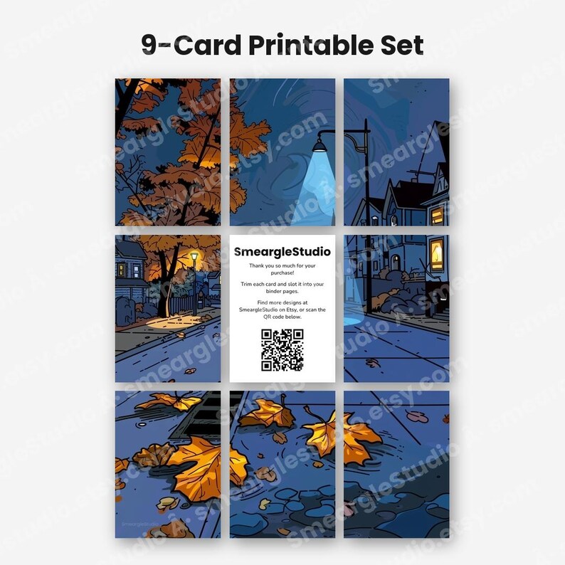 Puede incluir: Un conjunto de 9 tarjetas imprimibles que muestra una escena nocturna de barrio con hojas de oto&ntilde;o naranjas en una calle azul. La tarjeta central es blanca con texto negro SmeargleStudio, notas de agradecimiento y un c&oacute;digo QR.