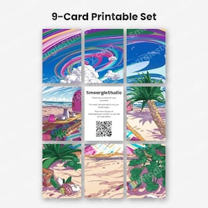 Puede incluir: Un set de 9 tarjetas imprimibles que muestra una escena de playa vibrante con cielos coloridos y arremolinados, palmeras y arena. La tarjeta central muestra el texto SmeargleStudio, notas de agradecimiento y un c&oacute;digo QR.