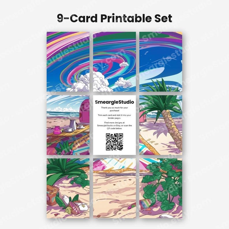 Puede incluir: Un set de 9 tarjetas imprimibles que muestra una escena de playa vibrante con cielos coloridos y arremolinados, palmeras y arena. La tarjeta central muestra el texto SmeargleStudio, notas de agradecimiento y un c&oacute;digo QR.