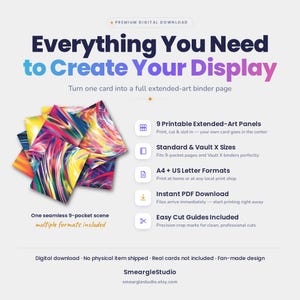 Op de afbeelding: Een digitaal downloadproduct met 9 printbare extended-art panelen voor verzamelkaartenmappen. Het ontwerp toont een levendig, veelkleurig abstract wervelpatroon. De tekst bevat Everything You Need to Create Your Display en details over formaten, snijgidsen en compatibiliteit met standaard- en Vault X-mappen.