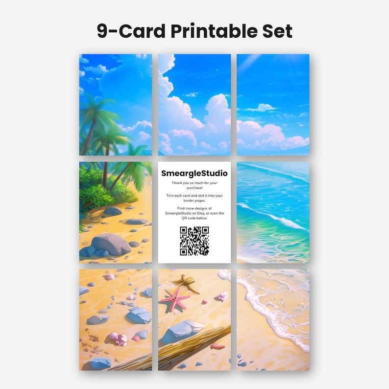 May include: A 9-card printable set featuring a beach scene with palm trees, blue sky, clouds, ocean waves, sand, rocks, seashells, and a starfish. The center card includes the text SmeargleStudio, instructions, and a QR code for scanning.