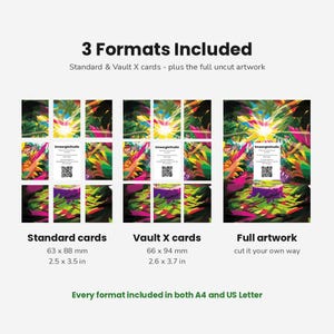 K&ouml;nnte beinhalten: Eine digitale Anzeige mit 3 Formaten inklusive Standard- und Vault X-Karten sowie vollst&auml;ndigem, unbeschnittenem Artwork. Standardkarten messen 63 x 88 mm. Vault X-Karten messen 66 x 94 mm. Jedes Format ist sowohl in A4 als auch in US Letter enthalten.