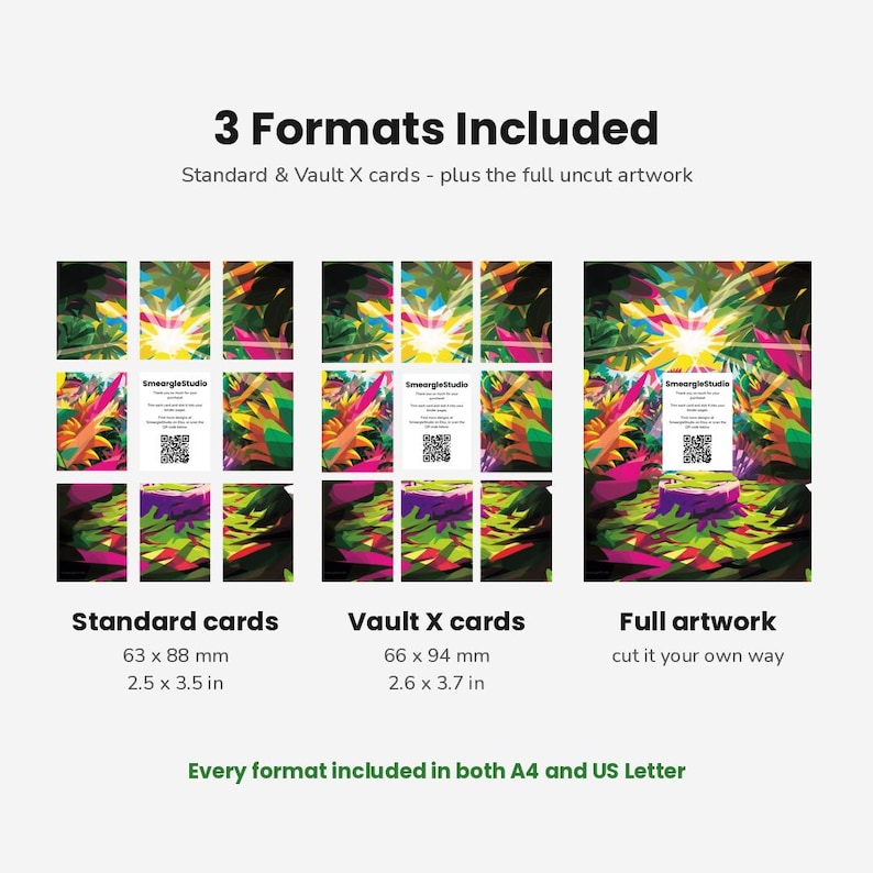 K&ouml;nnte beinhalten: Eine digitale Anzeige mit 3 Formaten inklusive Standard- und Vault X-Karten sowie vollst&auml;ndigem, unbeschnittenem Artwork. Standardkarten messen 63 x 88 mm. Vault X-Karten messen 66 x 94 mm. Jedes Format ist sowohl in A4 als auch in US Letter enthalten.