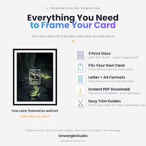 K&ouml;nnte beinhalten: Ein digitaler Download-Leitfaden zum Einrahmen von Karten mit einer schwarz gerahmten Karte &uuml;ber einer Teichillustration. Der Text umfasst 'Everything You Need to Frame Your Card', '3 Print Sizes 4x6", 5x7", 8x10"' und 'Fits Your Own Card 63 x 88 mm'.