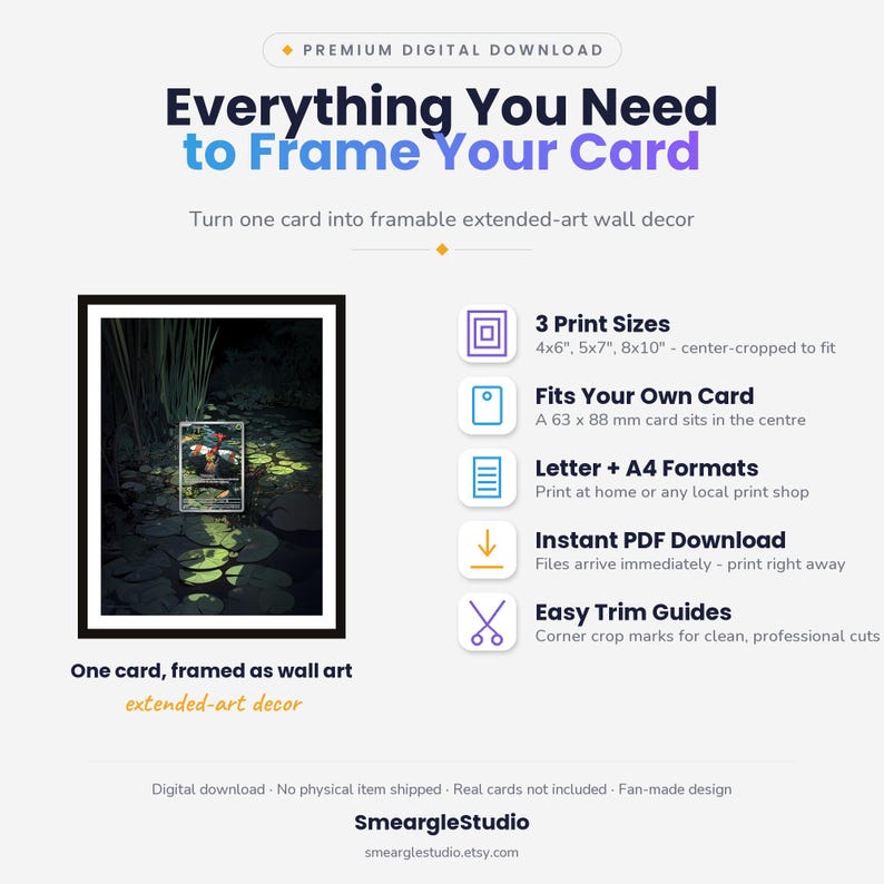 K&ouml;nnte beinhalten: Ein digitaler Download-Leitfaden zum Einrahmen von Karten mit einer schwarz gerahmten Karte &uuml;ber einer Teichillustration. Der Text umfasst 'Everything You Need to Frame Your Card', '3 Print Sizes 4x6", 5x7", 8x10"' und 'Fits Your Own Card 63 x 88 mm'.