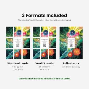 May include: A digital display showing 3 Formats Included: Standard cards at 63 x 88 mm, Vault X cards at 66 x 94 mm, and Full artwork. The image features colourful, detailed illustrations, white information cards, and QR codes.