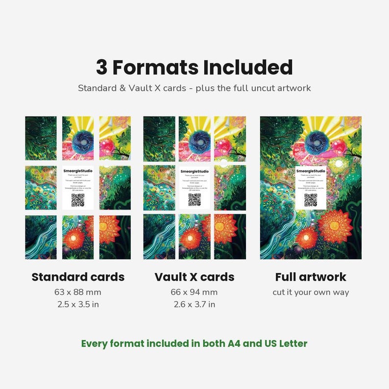 May include: A digital display showing 3 Formats Included: Standard cards at 63 x 88 mm, Vault X cards at 66 x 94 mm, and Full artwork. The image features colourful, detailed illustrations, white information cards, and QR codes.