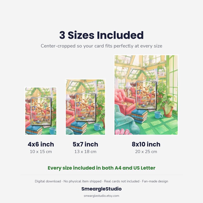 May include: A digital download listing showing three sizes of a fan-made Eevee card illustration: 4x6 inch (10x15 cm), 5x7 inch (13x18 cm), and 8x10 inch (20x25 cm). The artwork depicts Eevee characters in a sunlit greenhouse with furniture.