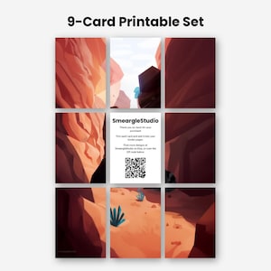 May include: A 9-card printable set featuring a desert canyon landscape illustration. The center card displays the text SmeargleStudio, instructions to trim and slot into binder pages, and a QR code for finding more designs on Etsy.