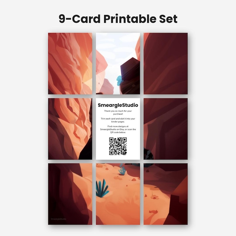 May include: A 9-card printable set featuring a desert canyon landscape illustration. The center card displays the text SmeargleStudio, instructions to trim and slot into binder pages, and a QR code for finding more designs on Etsy.