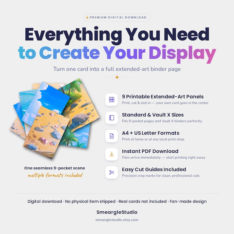 May include: A digital download product display featuring 9 printable extended-art panels for a 9-pocket binder page. The graphic shows a beach scene, text including Everything You Need to Create Your Display, and lists features like A4 and US Letter formats.