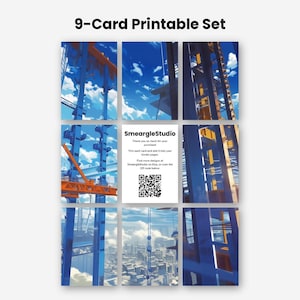 May include: A 9-card printable set featuring a grid of digital illustrations depicting blue and orange construction cranes against a cloudy sky and a cityscape. The centre card displays the text SmeargleStudio, instructions, and a QR code.