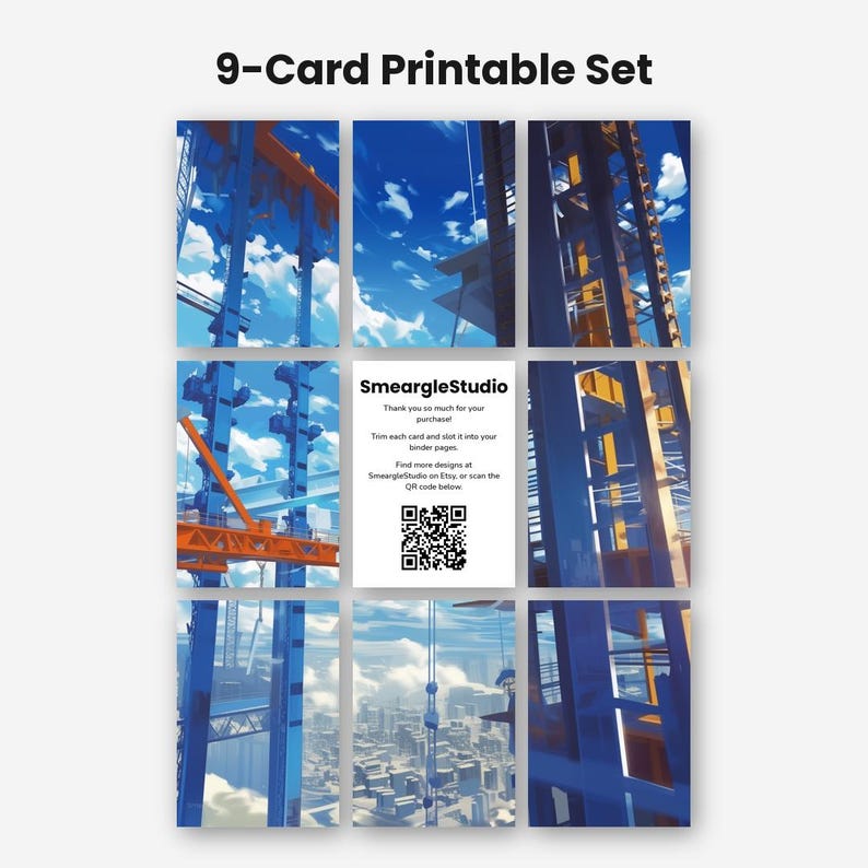 May include: A 9-card printable set featuring a grid of digital illustrations depicting blue and orange construction cranes against a cloudy sky and a cityscape. The centre card displays the text SmeargleStudio, instructions, and a QR code.