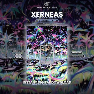 以下が含まれることがあります： Xerneasにインスパイアされた拡張アートのデジタル9枚カードバインダーセット。暗い背景に、鮮やかで多色の光る植物のような構造と星のパターンが描かれています。テキストにはSMEARGLE STUDIO、XERNEAS、CHAOS RISINGが含まれています。