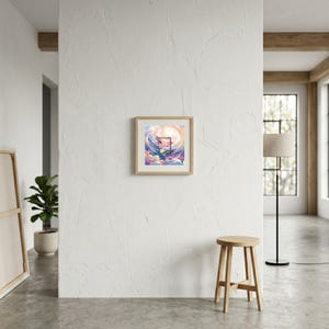 May include: A square framed art print featuring a vibrant, swirling abstract composition of pink, blue, and orange clouds surrounding a central rectangular window. The artwork is displayed in a light wood frame centered on a white textured wall.
