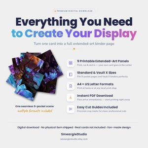 May include: A digital download for 9 printable extended-art panels featuring a seamless fantasy scene with blue crystals and dark foliage. Includes A4 and US letter formats, cut guides, and compatibility with standard 9-pocket binder pages.