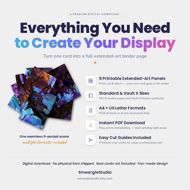 May include: A digital download for 9 printable extended-art panels featuring a seamless fantasy scene with blue crystals and dark foliage. Includes A4 and US letter formats, cut guides, and compatibility with standard 9-pocket binder pages.